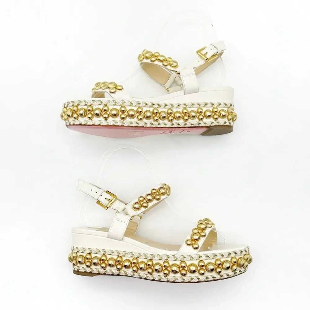 CHRISTIAN LOUBOUTIN Rondaclou Studded Chunky Wedge Heels Size 37 Sandals White